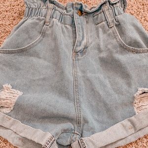 Light Wash Paper Bag Shorts with Elastic